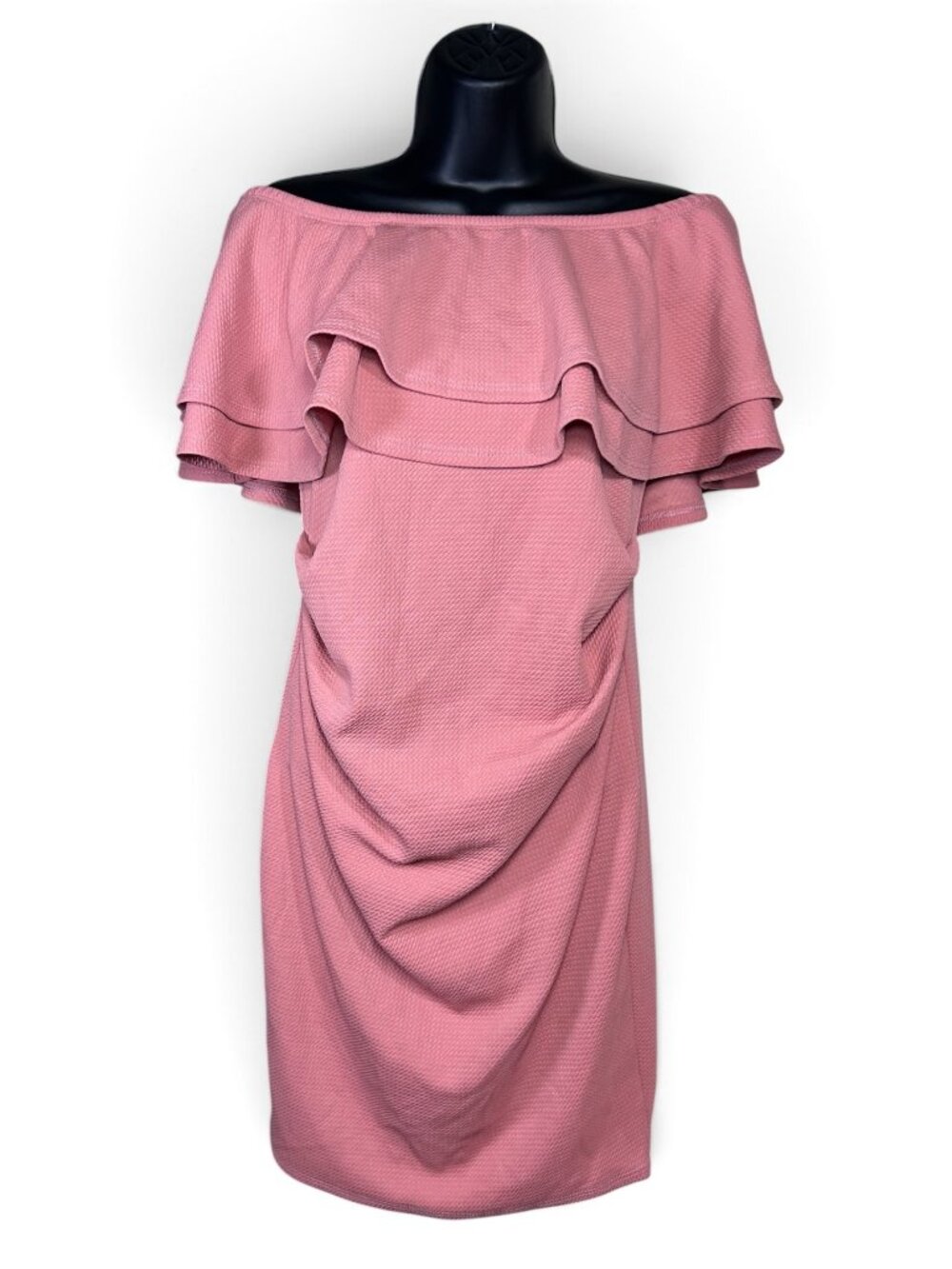 LA CLEF Off The Shoulder Ruffle Mini Dress Sz S Blush Pink Bodycon Slim Stretch